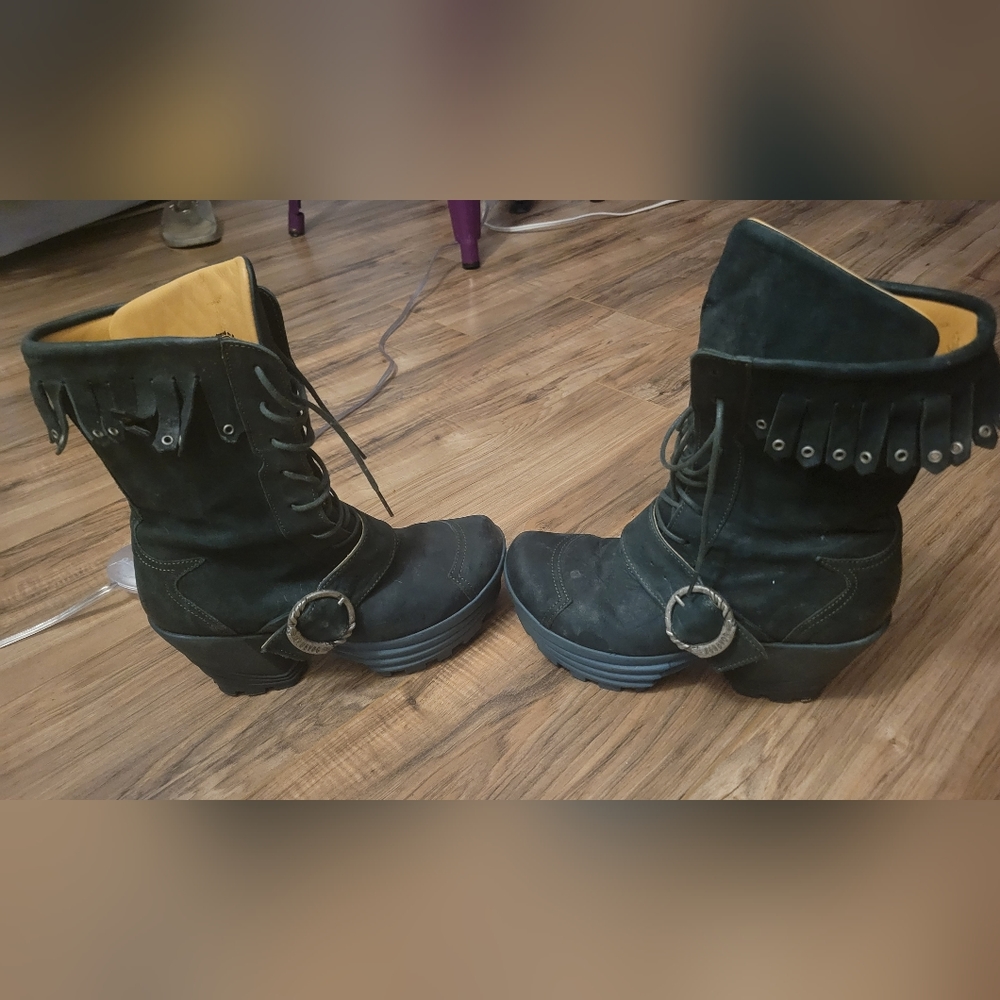 Black Suede Fringed Lace-Up Platform Booties